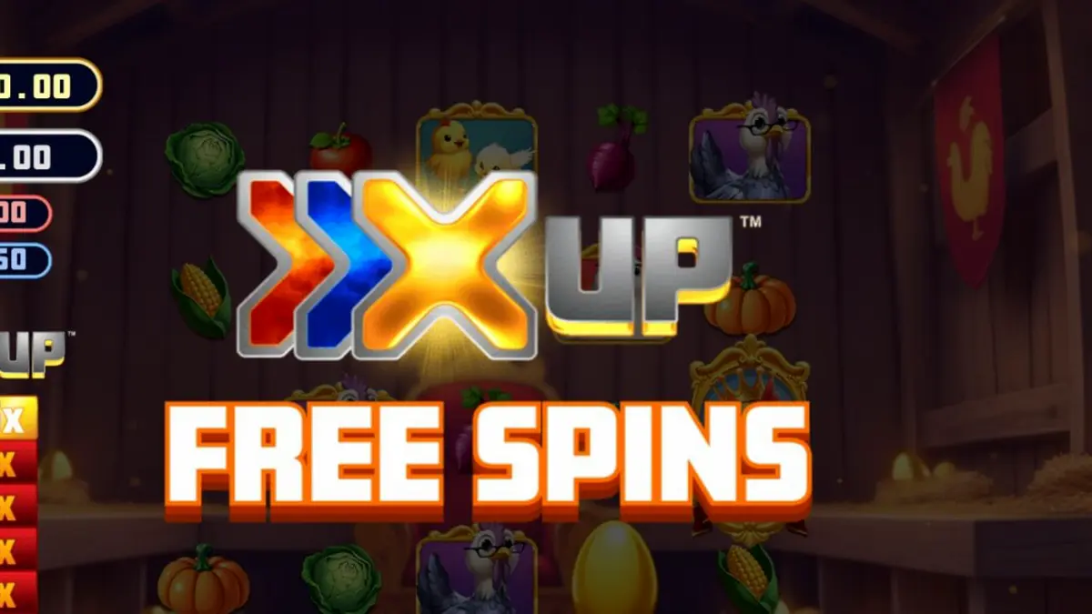 Visual vibrante e rústico do slot Rey Gallo X UP com elementos de fazenda e ovos dourados