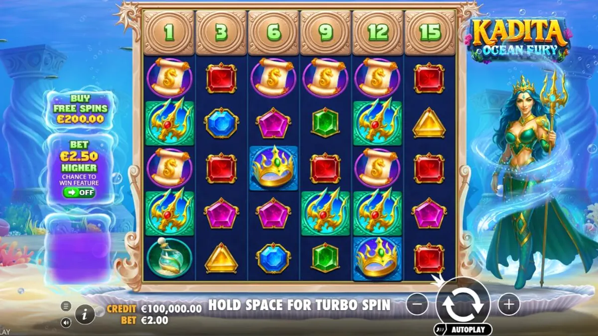 Cena subaquática vibrante com a deusa Kadita no slot Kadita Ocean Fury